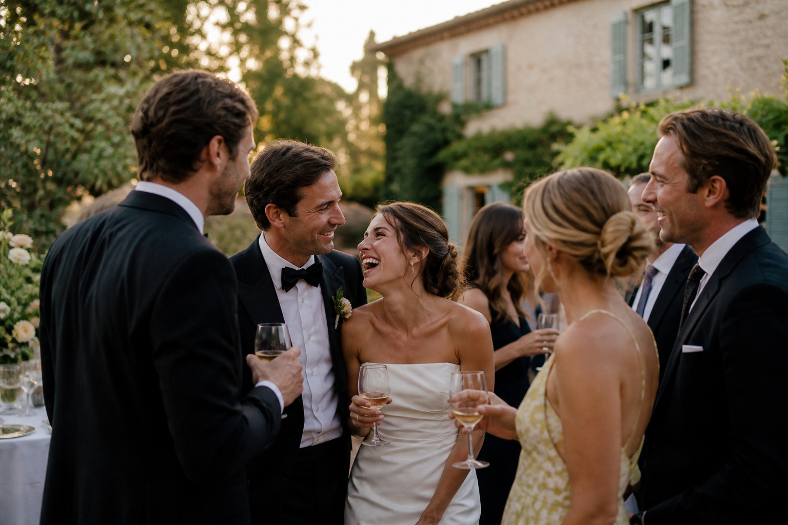 Les mariés rient avec leurs proches au cocktail